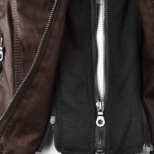 Women's Detachable Lapel Long Sleeve Solid Color Zipper Leather Jacket Coat