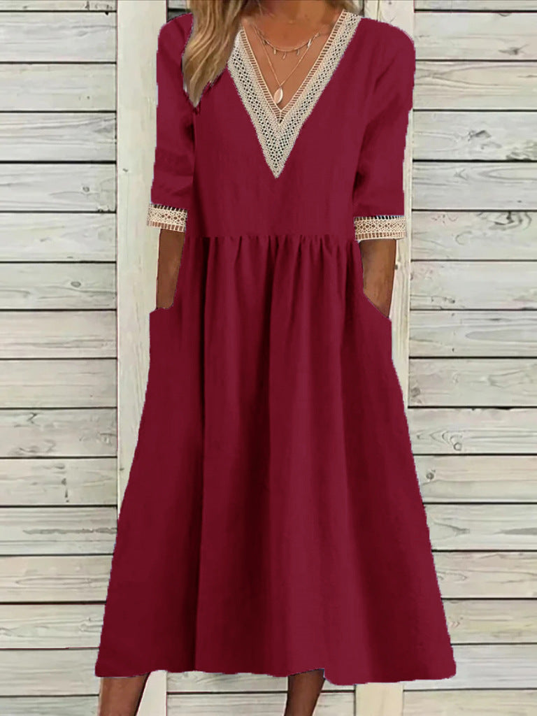 Cotton And Linen Lace Collar Half Sleeve Mid-length Dress