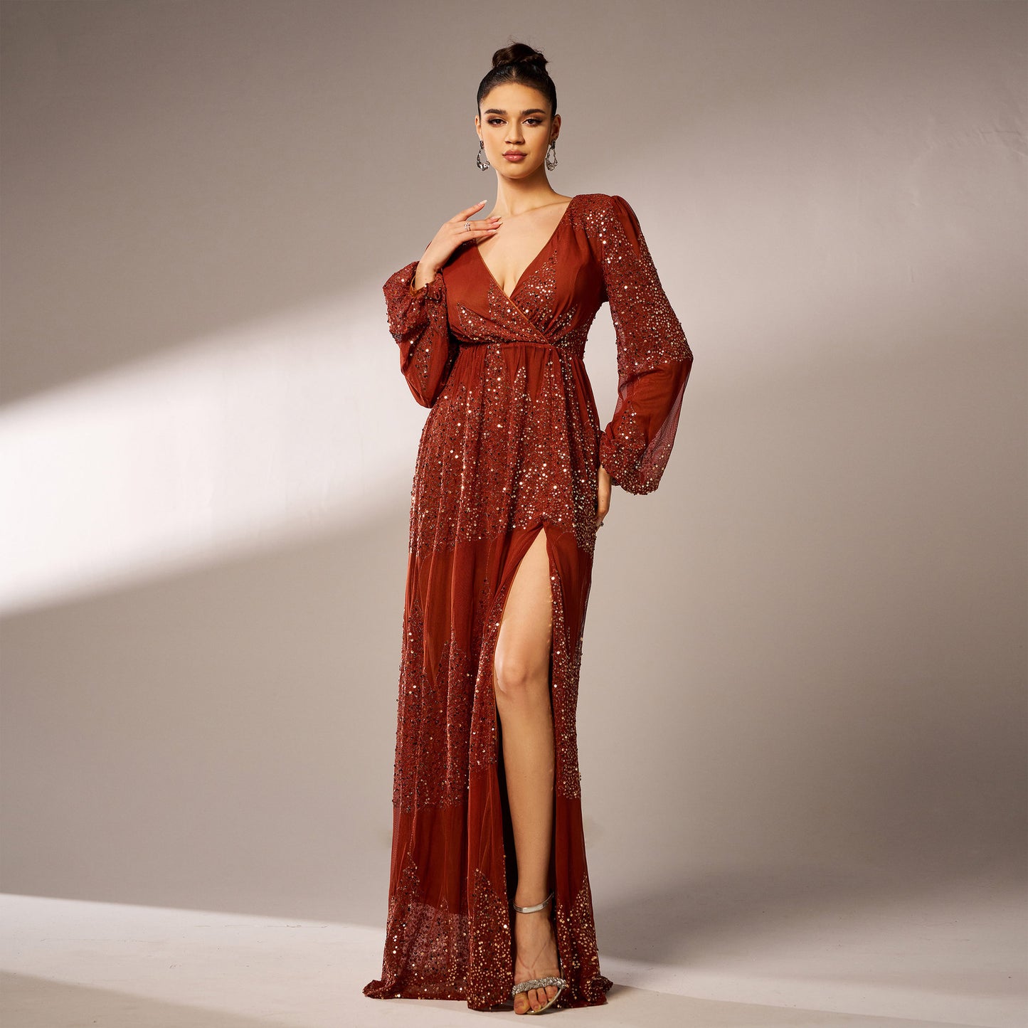 Long Sleeve V-neck Sexy Long Sequined Evening Dress