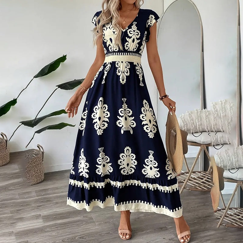 Women's Summer Flowy Maxi Dress Casual Cap Sleeve V Neck Smocked Waist Beach Sundress-FREE USA SHIPPING
