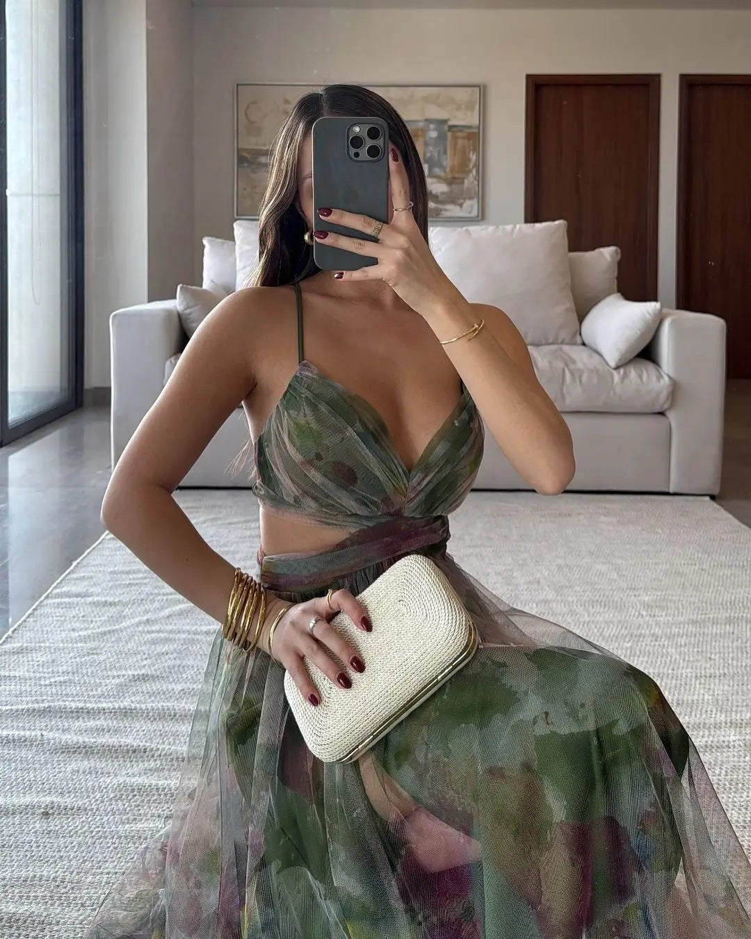 Mesh Printing Slip Dress Holiday Leisure Party