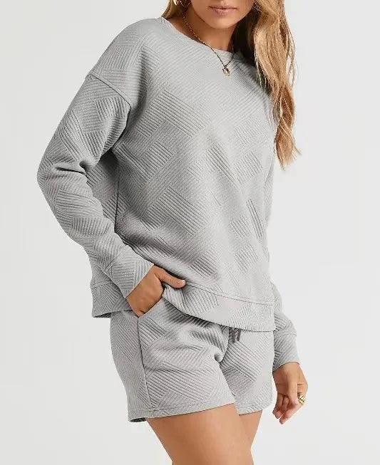 Solid Color Texture Casual Suit Women's Shorts Top