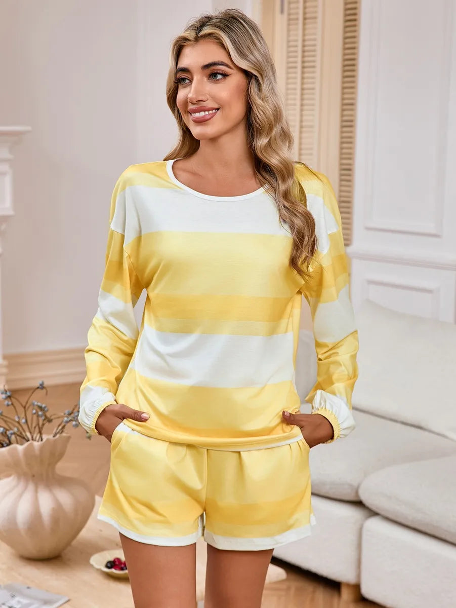 Women's Long Sleeve Striped Top Shorts Casual Suit Pajamas