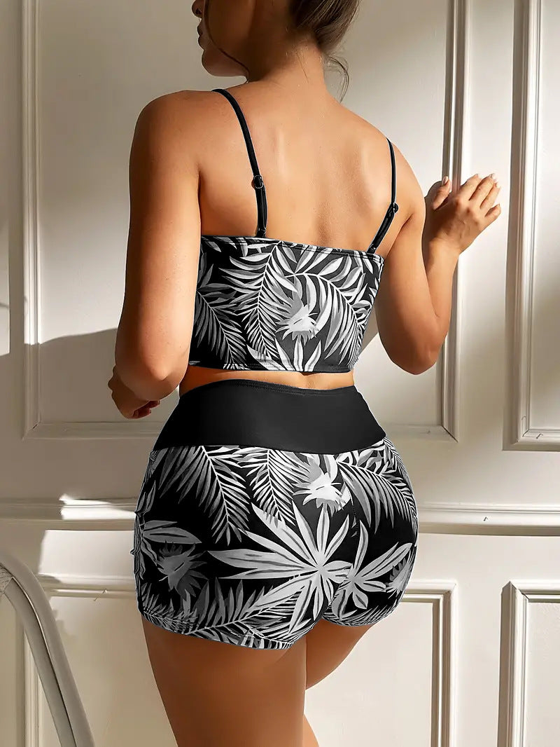 Women's Split High Waist Boxer Lace Printing Swimsuit