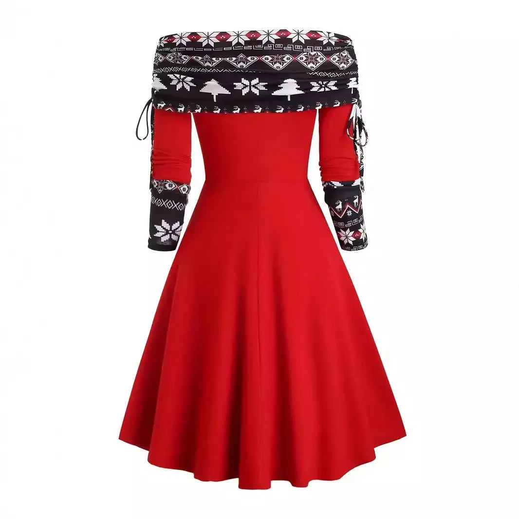 Plus Size Christmas Color Printing Long Sleeve Dress
