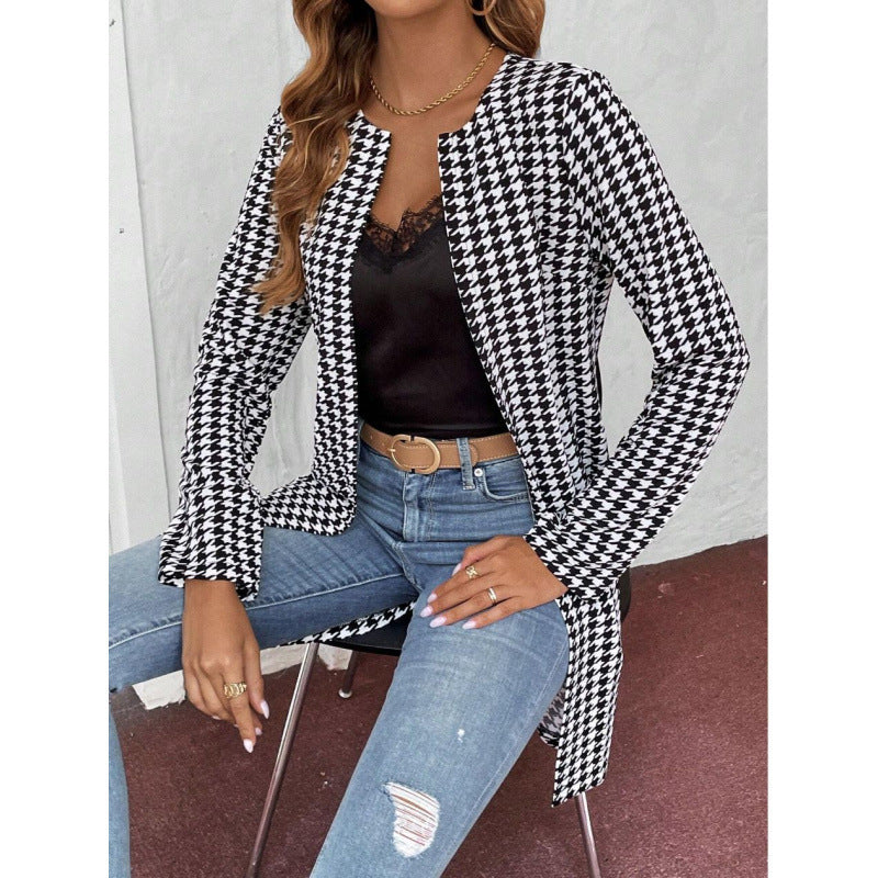 Women's Clothing Houndstooth Long Coat