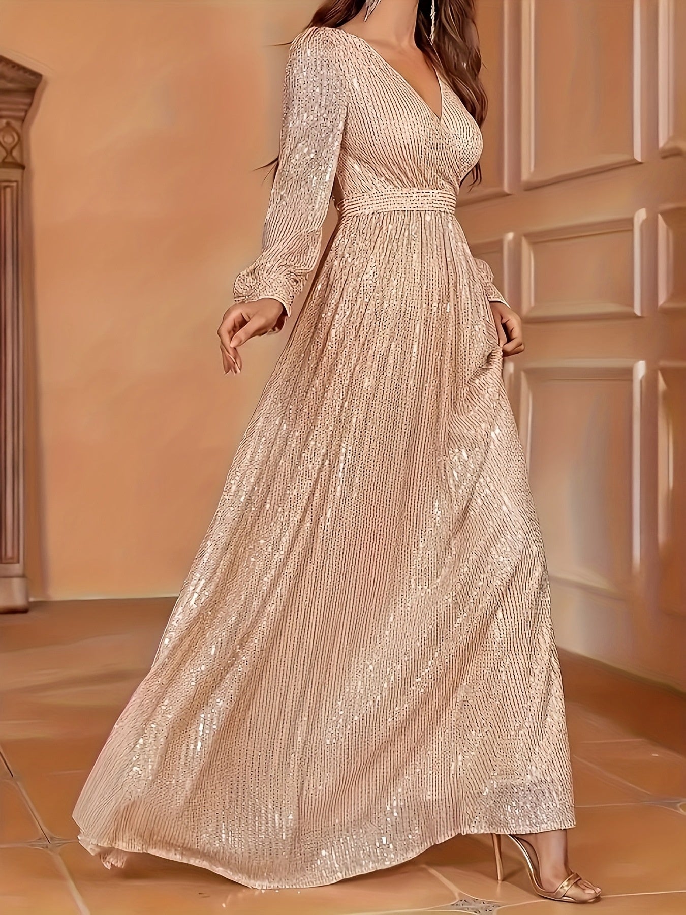 Elegant Dinner Sequined Long Sleeve V-neck High Waist Evening Dress