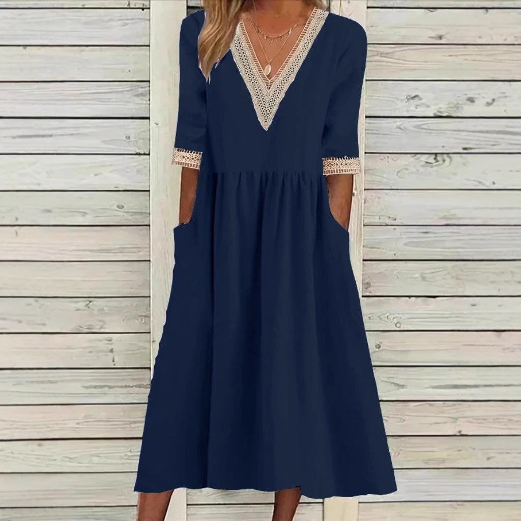 Cotton And Linen Lace Collar Half Sleeve Mid-length Dress