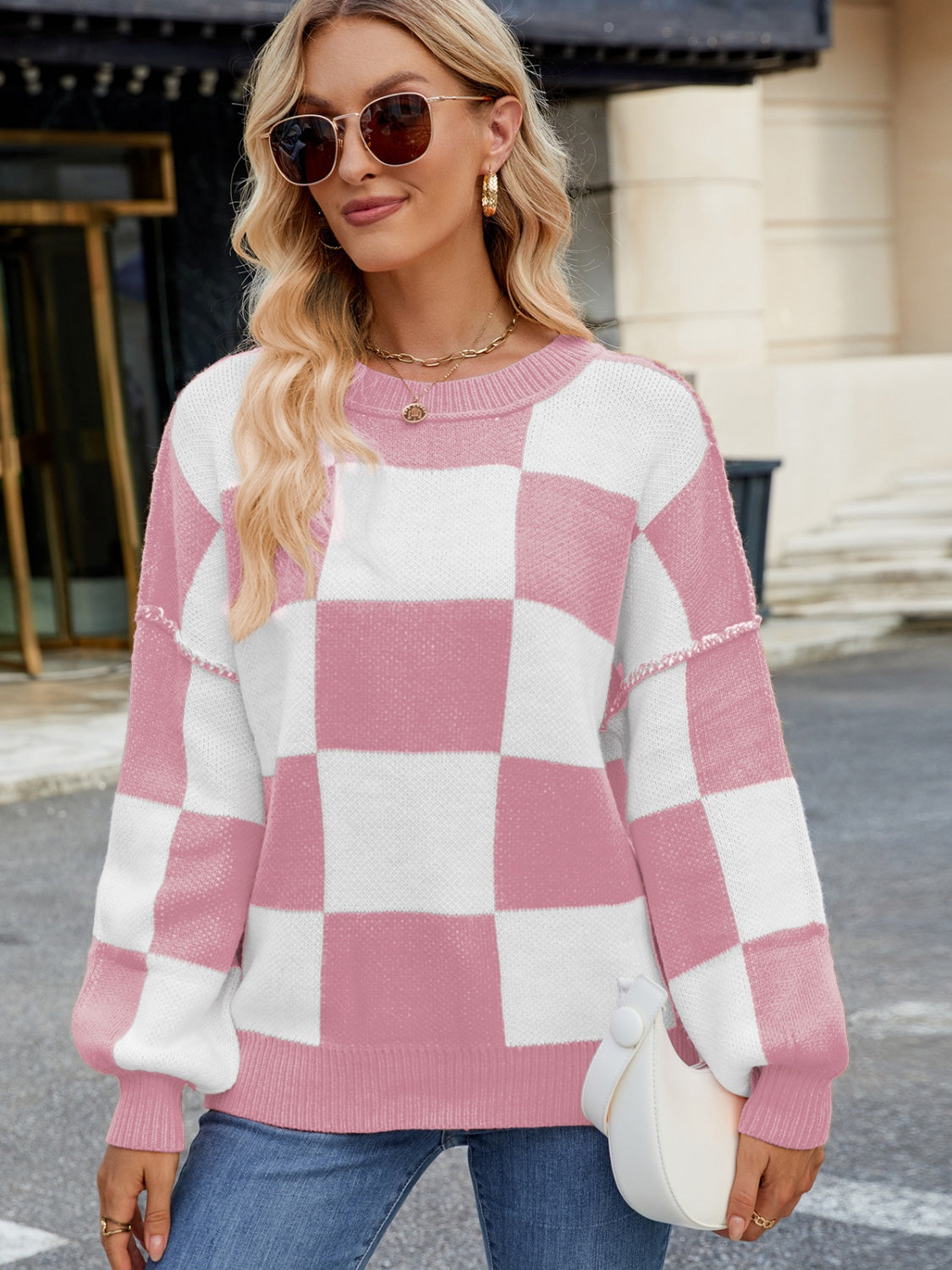 Plaid Round Neck Long Sleeve Sweater