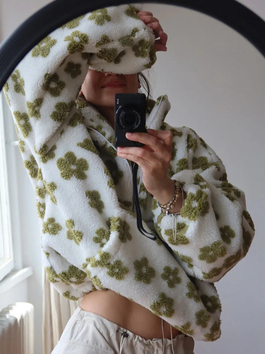 Winter Flowers Lambskin Sweatshirt With Big Pocket Casual Loose Zip-up Lapel Pullover Top Women's Clothing