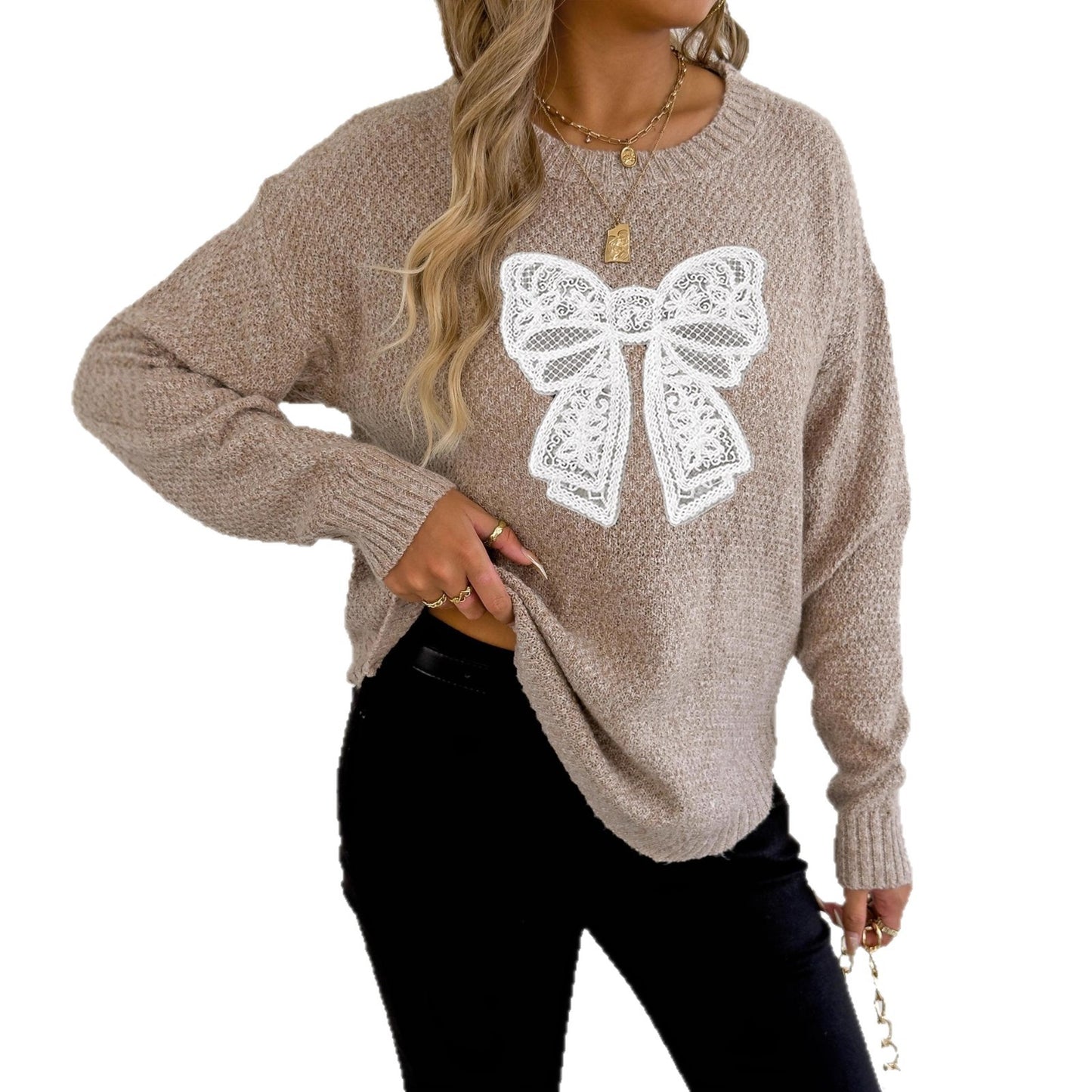 Women's Round Neck Embroidered Lace Butterfly Stitching Woven Sweater