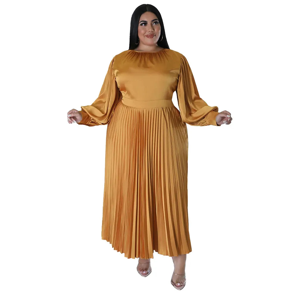 Pleated Round-neck Long Dress Women