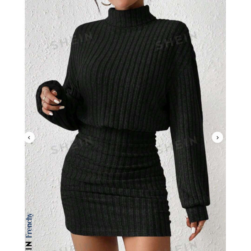 Sunken Stripe Turtleneck Sheath Long Sleeve Dress