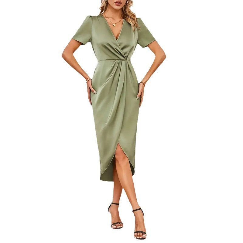 Women's Satin Short Sleeve Stomach Blanket Cross Collar Dress