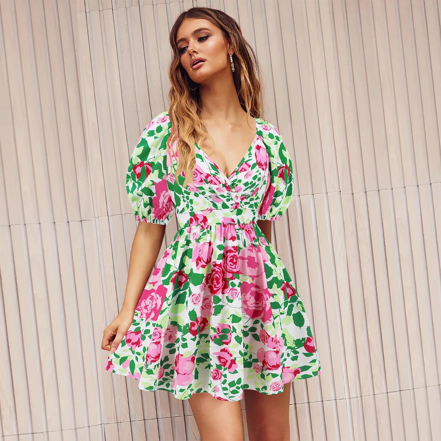 Flowers Print V-Neck Lantern-sleeve Dress Summer Vacation Beach Short Dresses Fashion Womens Clothing