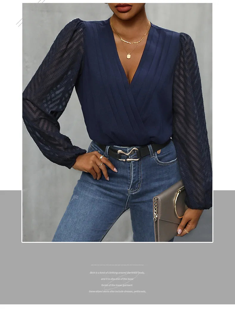 All-matching Solid Color And V-neck Pleated Lace See-through Long-sleeved Top