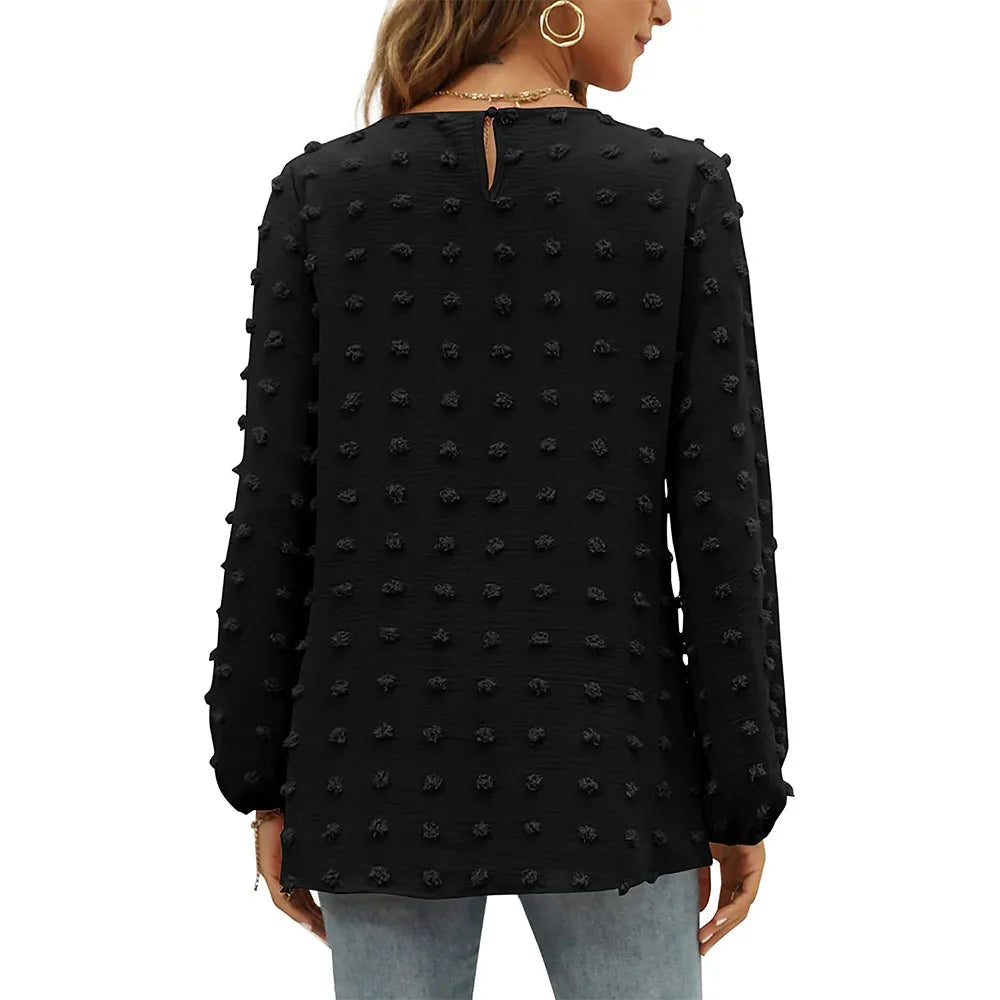 Fashion Jacquard Long-sleeved Round Neck T-shirt Casual Loose Pullover Top Womens Clothing