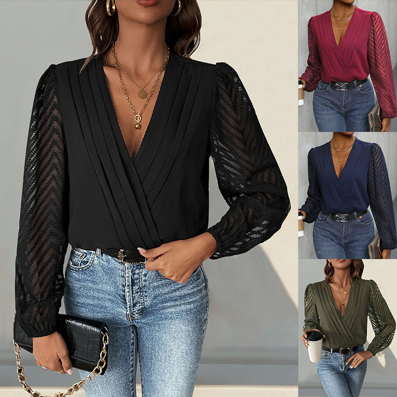 All-matching Solid Color And V-neck Pleated Lace See-through Long-sleeved Top