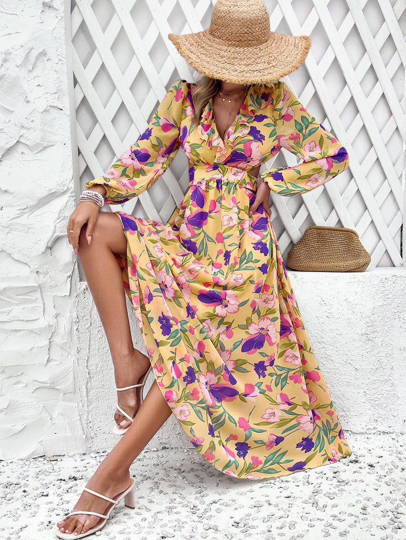 Fashion Florals Print Long Sleeve Dress Casual Holiday Tight-waisted V-neck Dresses Women Clothing