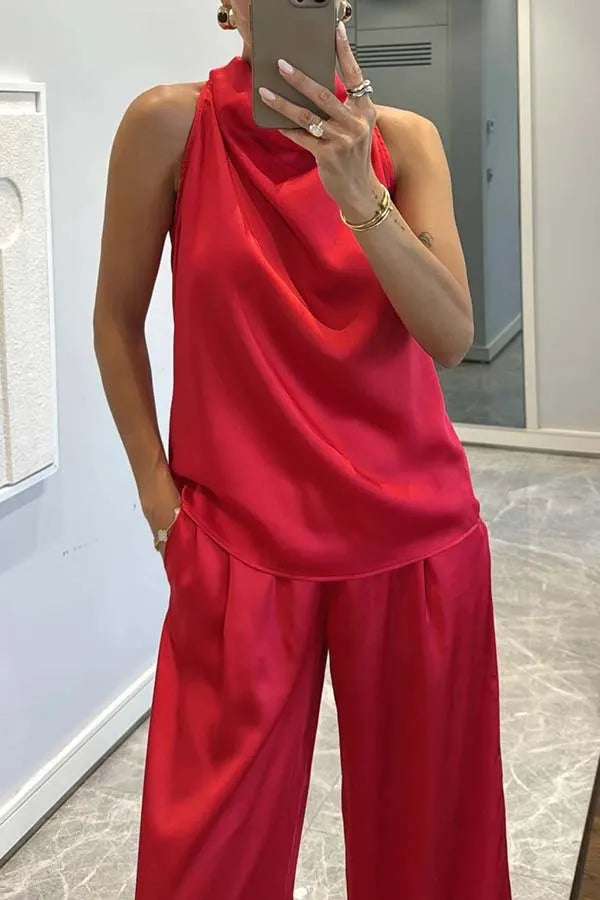 Women's Sleeveless Trousers Loose Satin Two-piece Set