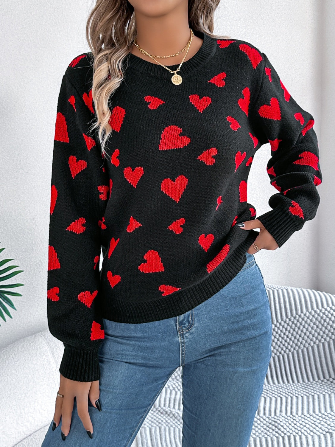 Heart Pattern Round Neck Long Sleeve Sweater