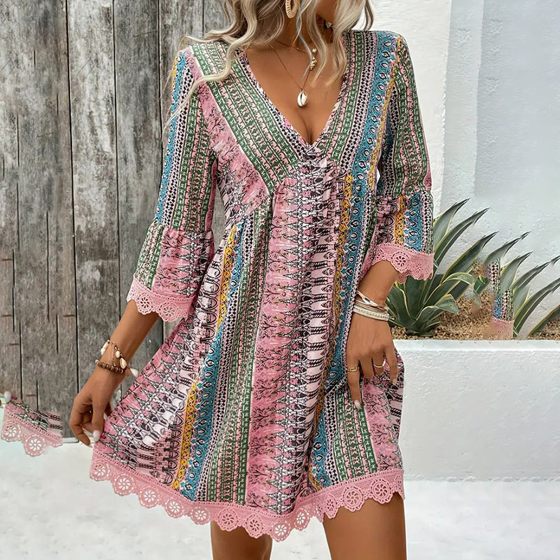 Women's Boho Print Mini Dress V-Neck 3 4 Sleeve Flowy Casual Summer Beach Sundress-FREE USA SHIPPING