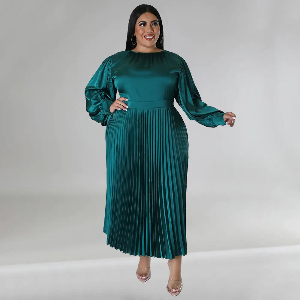 Pleated Round-neck Long Dress Women