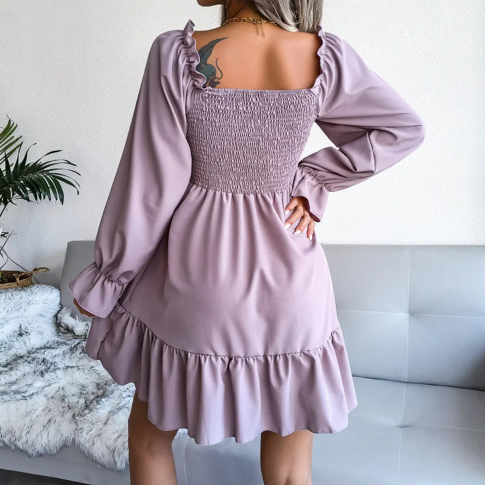 Flared Long Sleeve Dresses Women Square Neck Ruffled Swing Dress