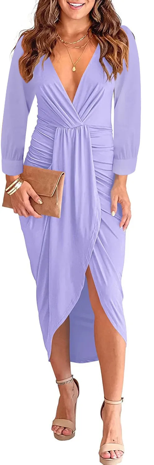V-neck Ruffle Hip Split Women's Clothing Dress