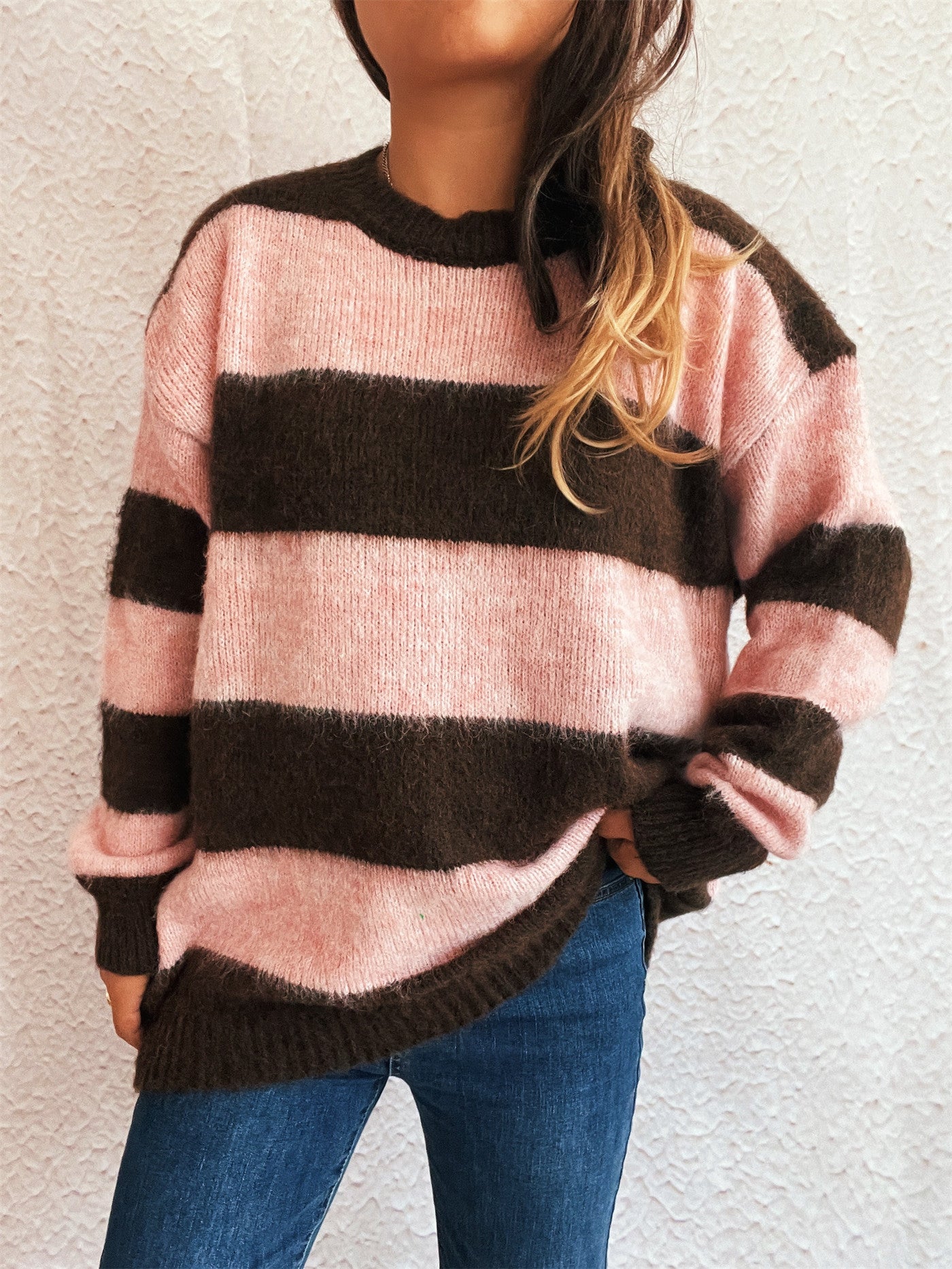 Striped Color Block Knitted Round Neck Chic Casual Loose Sweater