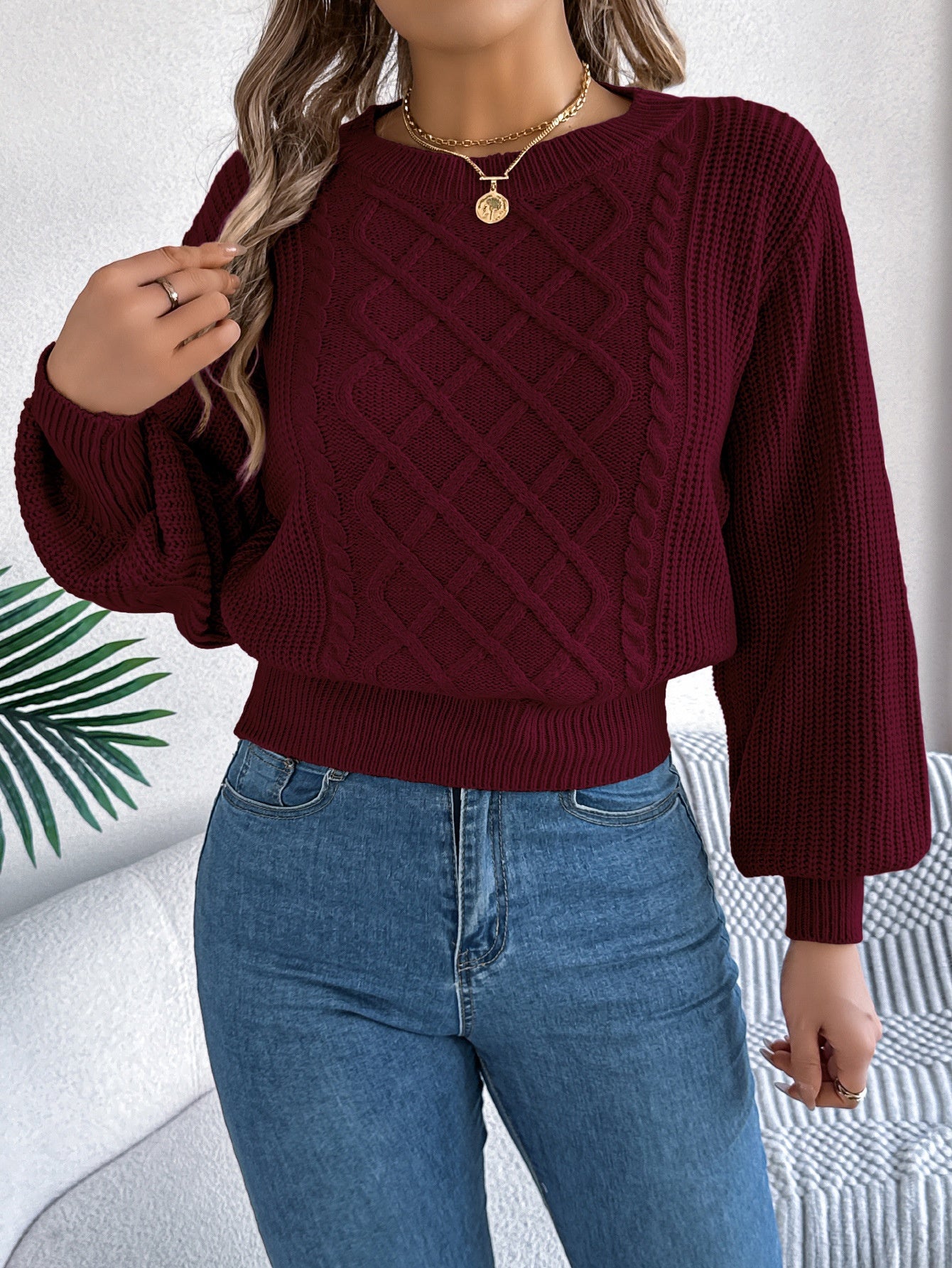 Solid Color Twist Lantern Long Sleeve Fitted Waist Sweater Women's Clothing