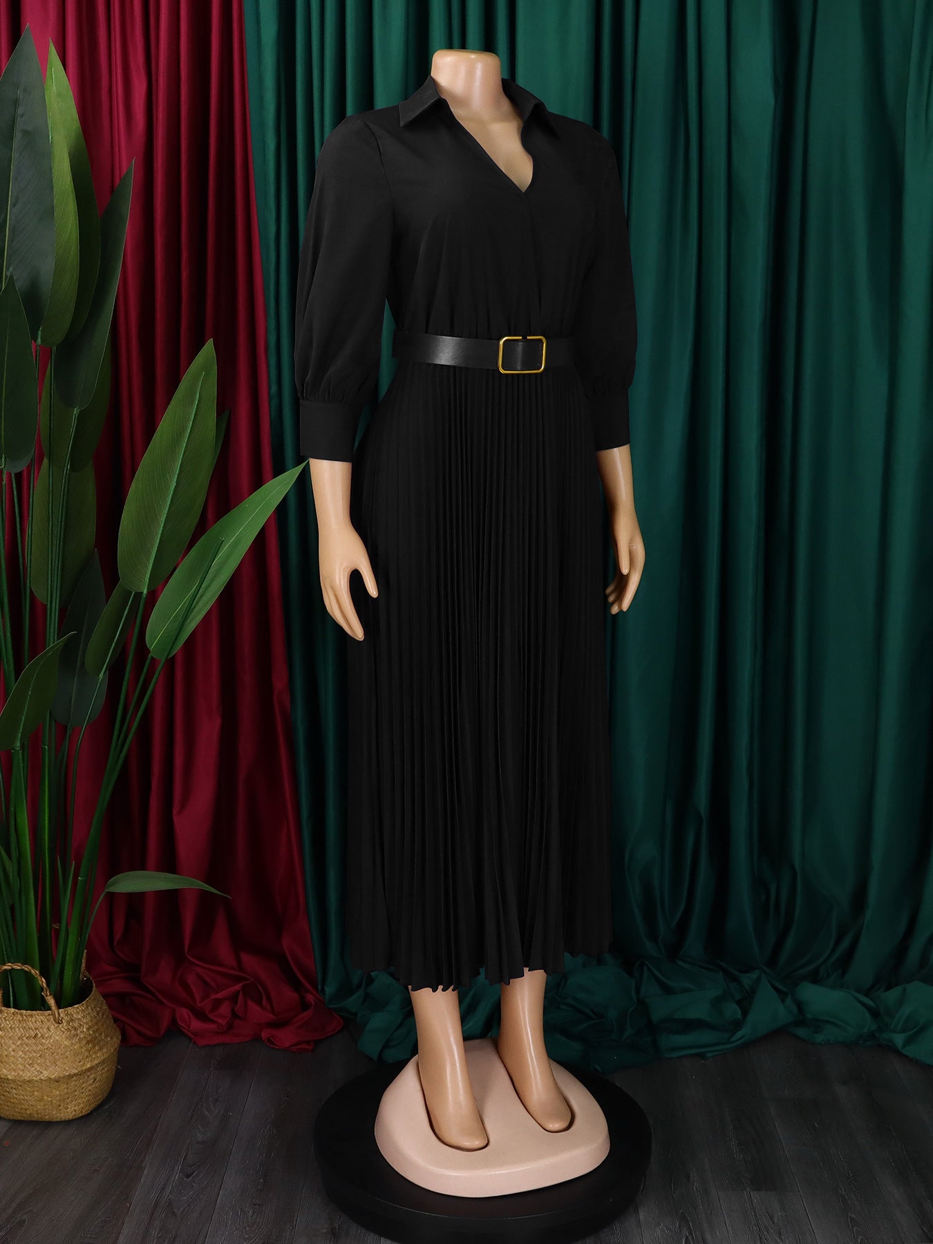 Autumn And Winter New Elegant Polo Collar Solid Color Large Swing Pleated Dress