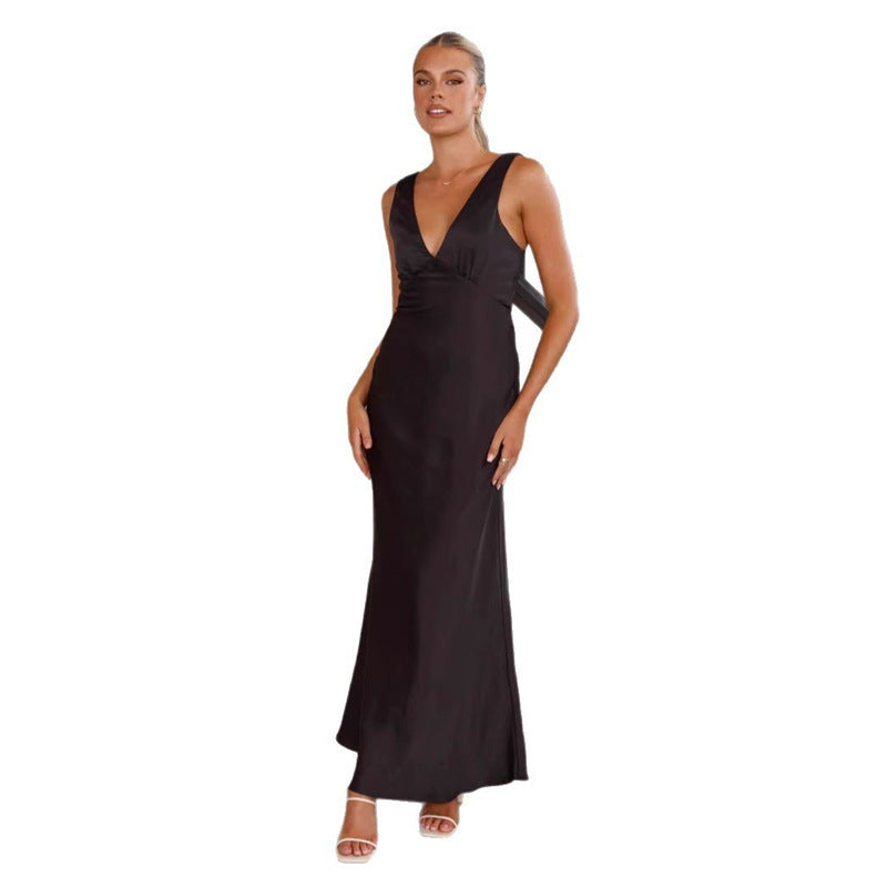 Women's Clothing Solid Color And V-neck Slim Fit Dress