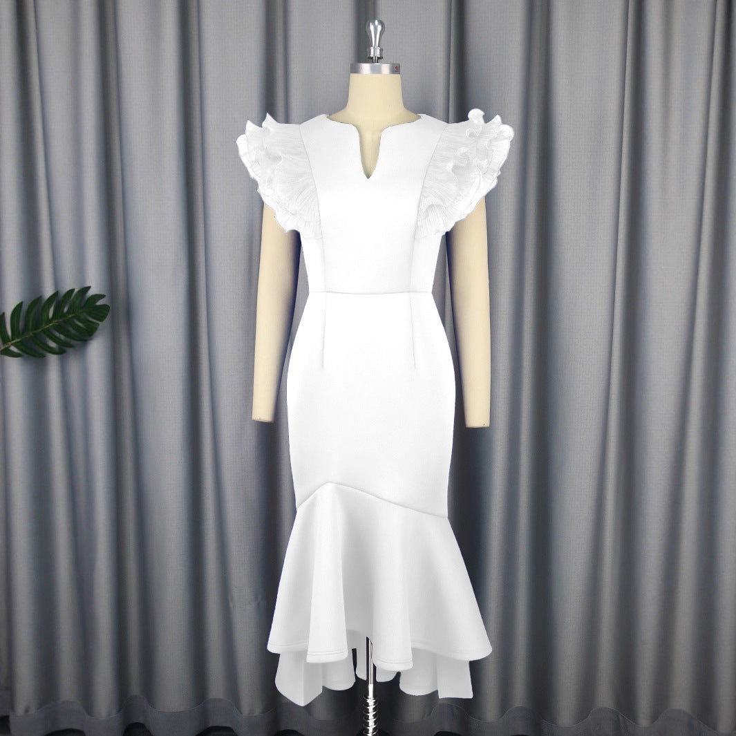 Banquet Temperament High Waist Lotus Leaf Pleated Short Sleeve Dress