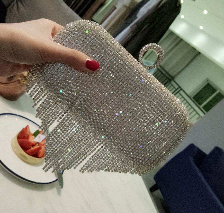 New shiny diamond ladies fringed hand bag bag bag bag night party party bride Xiekua package