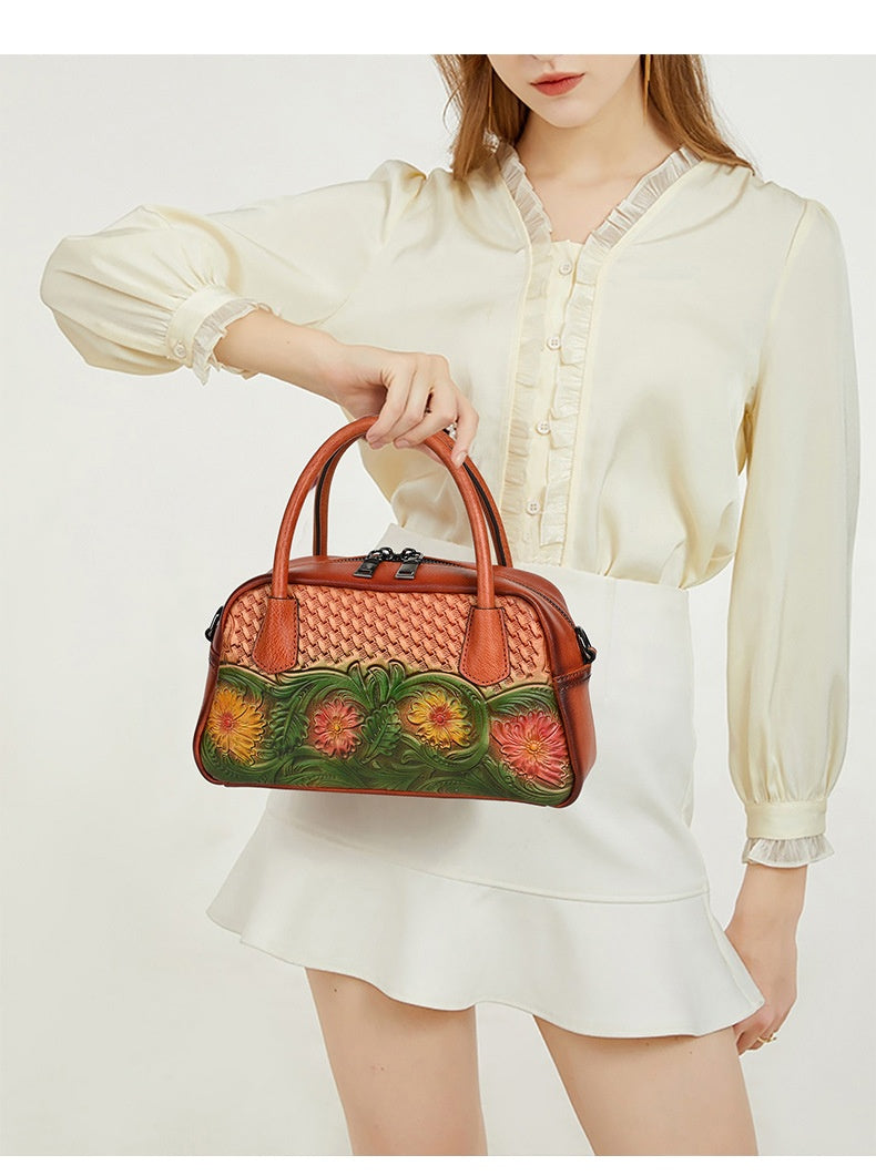 Retro Ethnic-style Full-grain Leather Shoulder Bag For Women