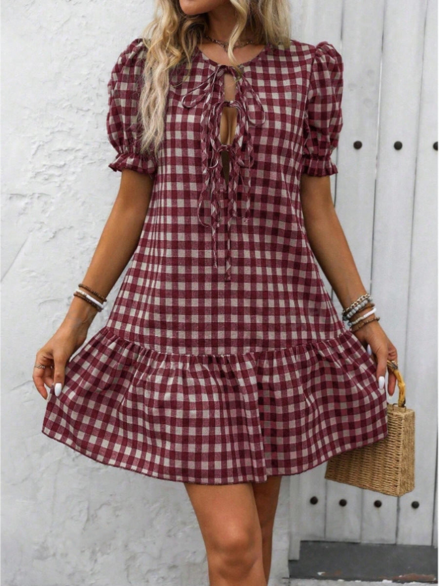 Plaid Drawstring Puff Sleeve Bohemian Dress