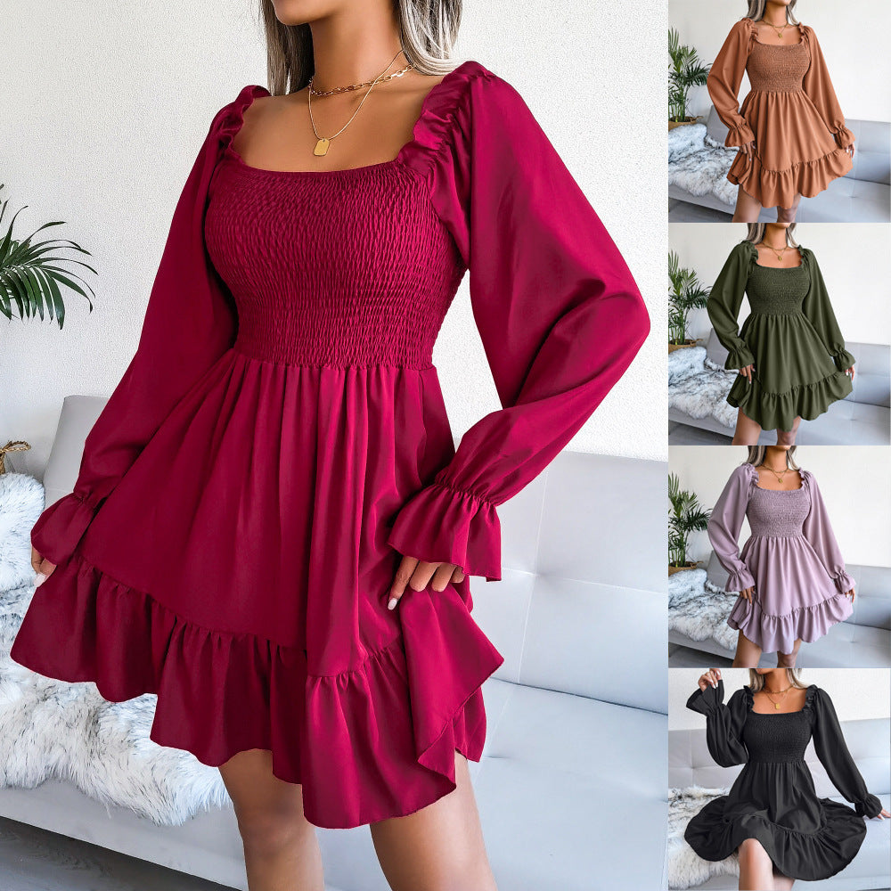 Flared Long Sleeve Dresses Women Square Neck Ruffled Swing Dress