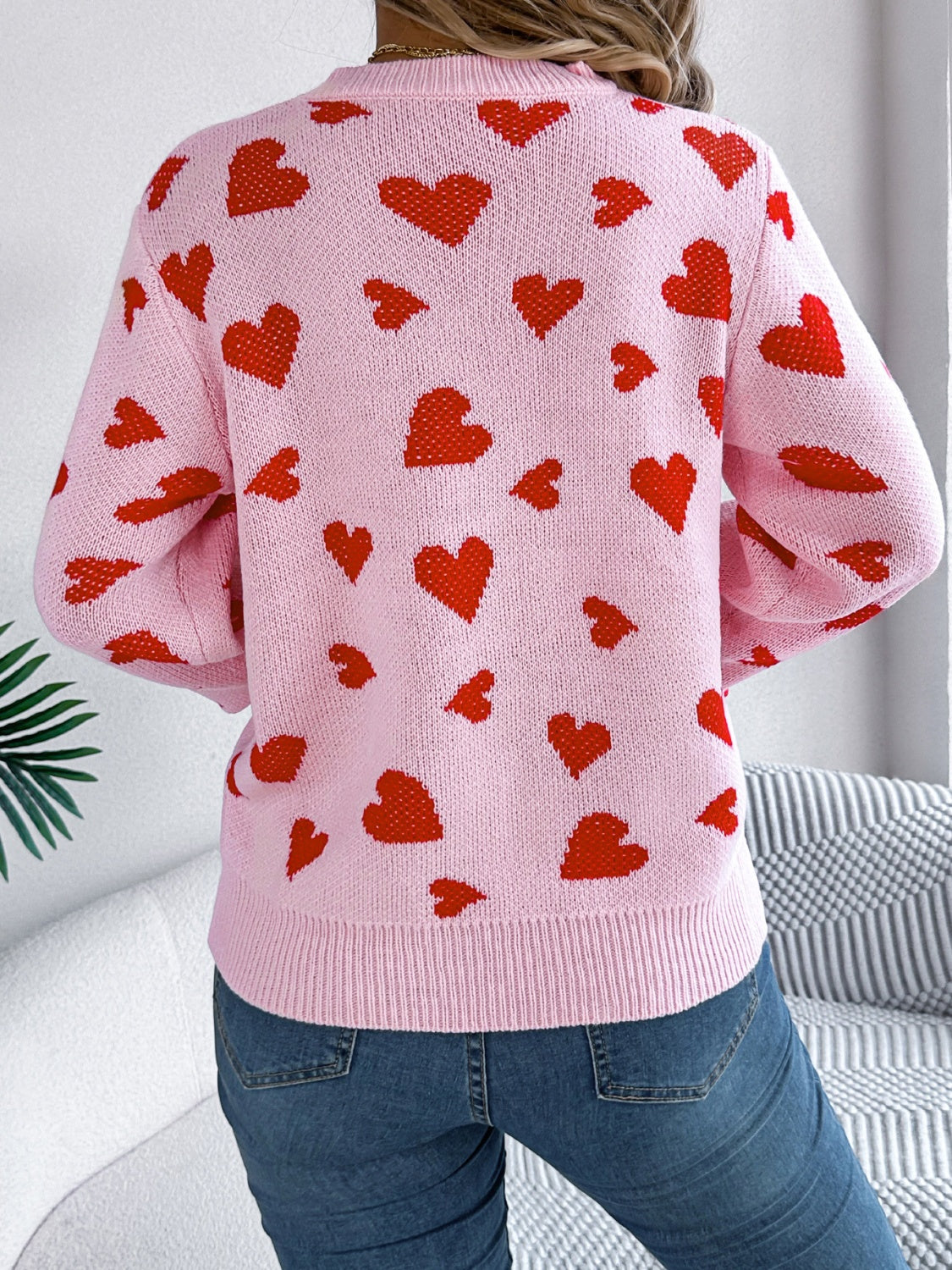 Heart Pattern Round Neck Long Sleeve Sweater