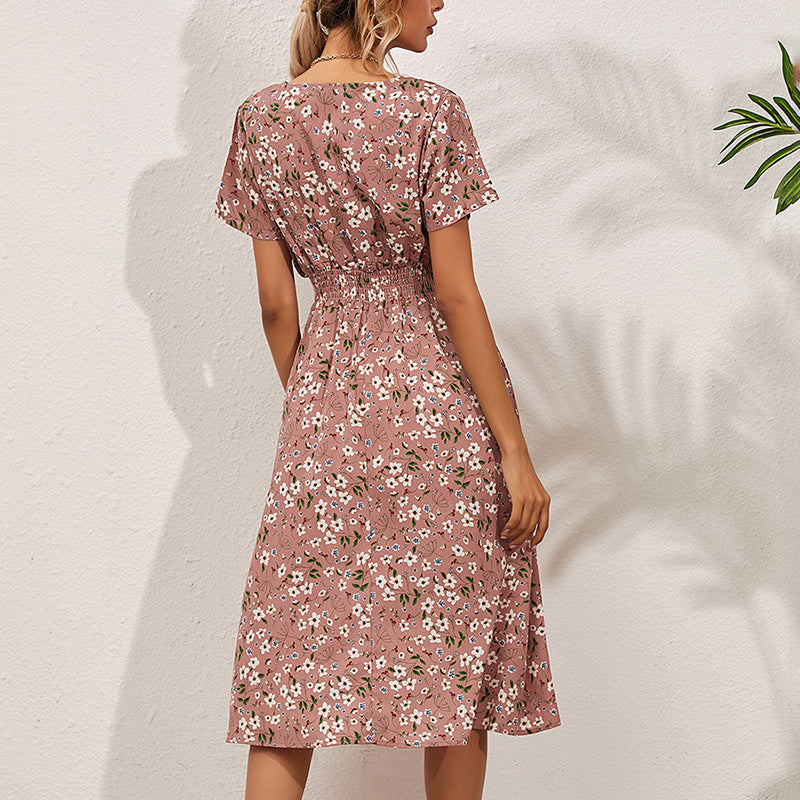 Women's V-Neck Floral Print Dress - A-Line Waisted Summer Maxi Dress - Free USA Shipping