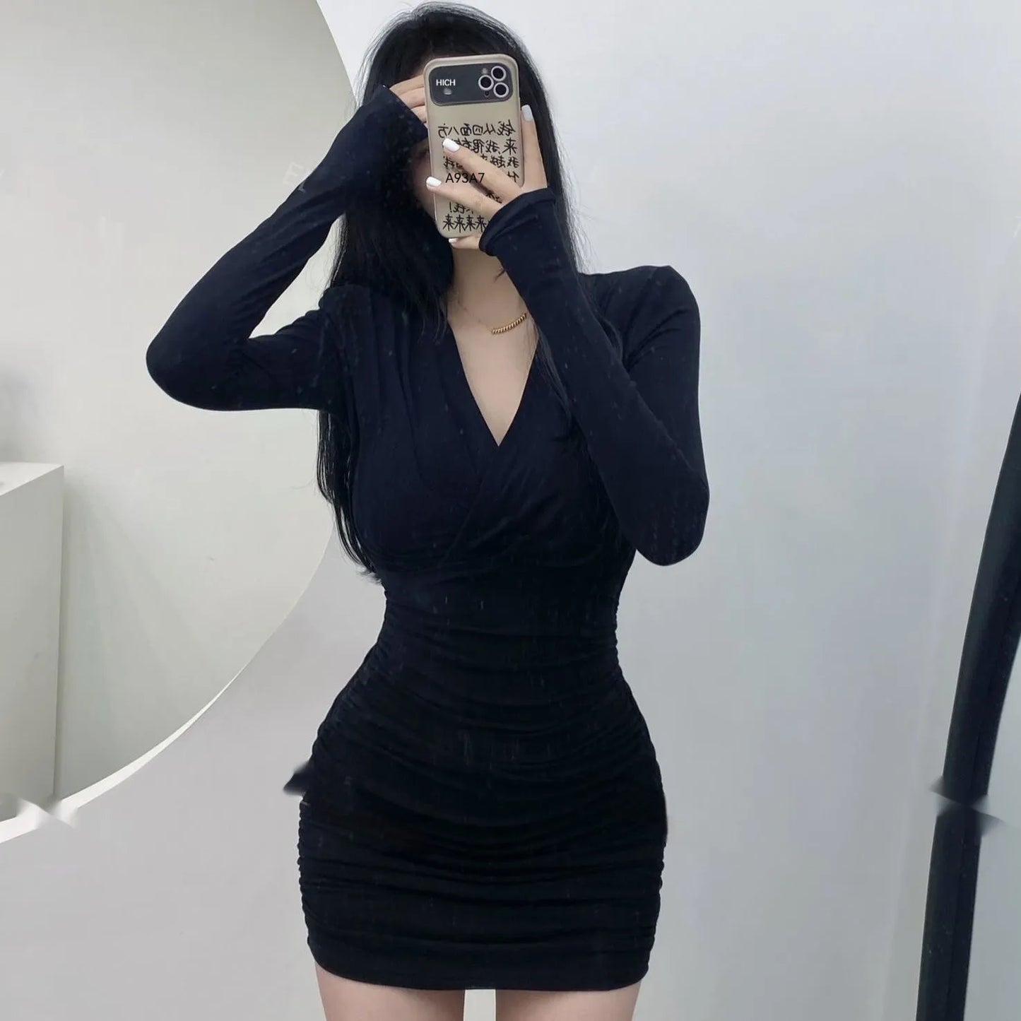 Mature Adult Lady Like Woman Style Stretch Long Sleeve Dress For Women