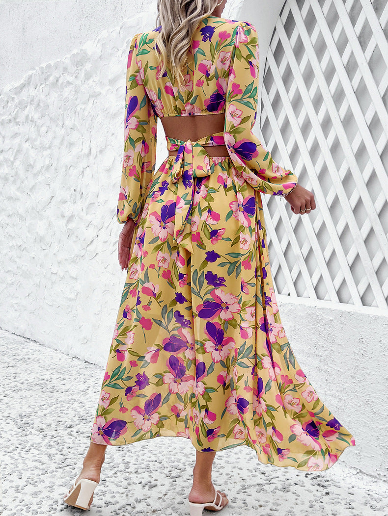 Fashion Florals Print Long Sleeve Dress Casual Holiday Tight-waisted V-neck Dresses Women Clothing