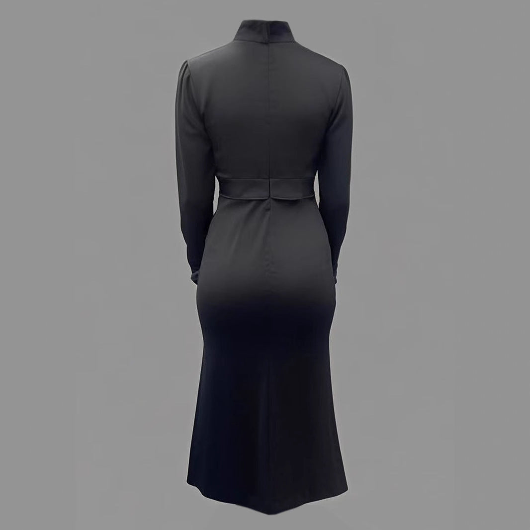 Big Bowknot Design Sense Socialite Half Turtleneck Waist Slit Dress