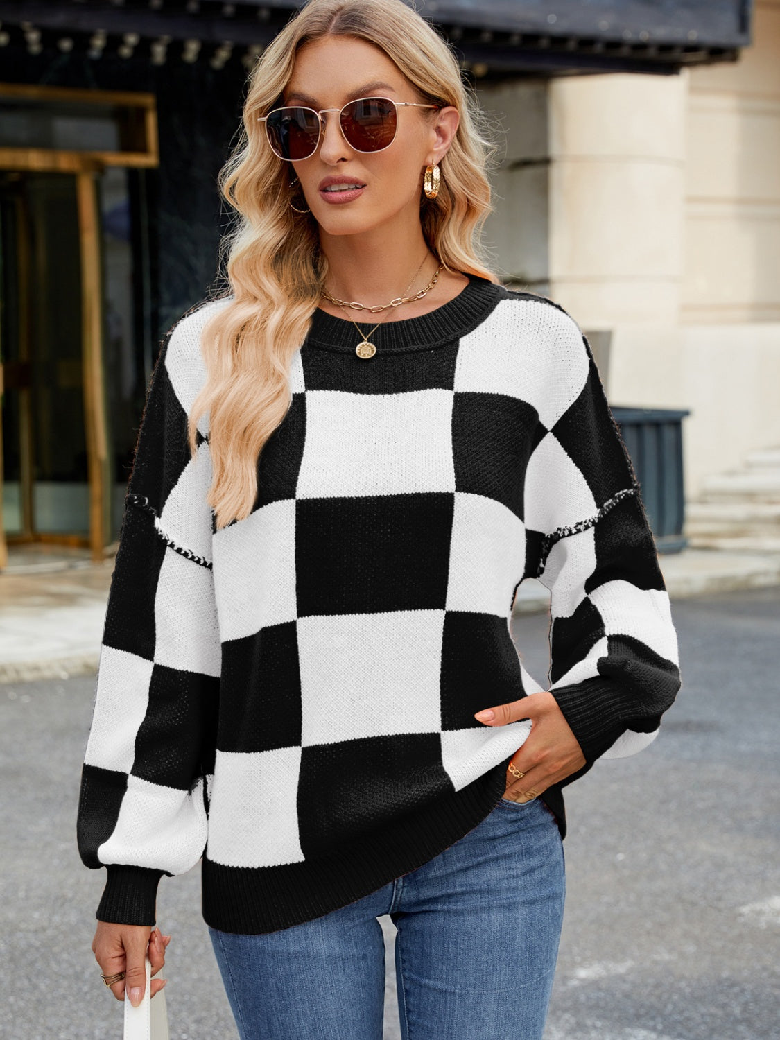 Plaid Round Neck Long Sleeve Sweater