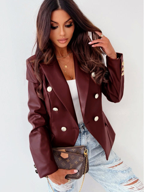 Long Sleeve Double Breasted Fashion PU Leather Suit