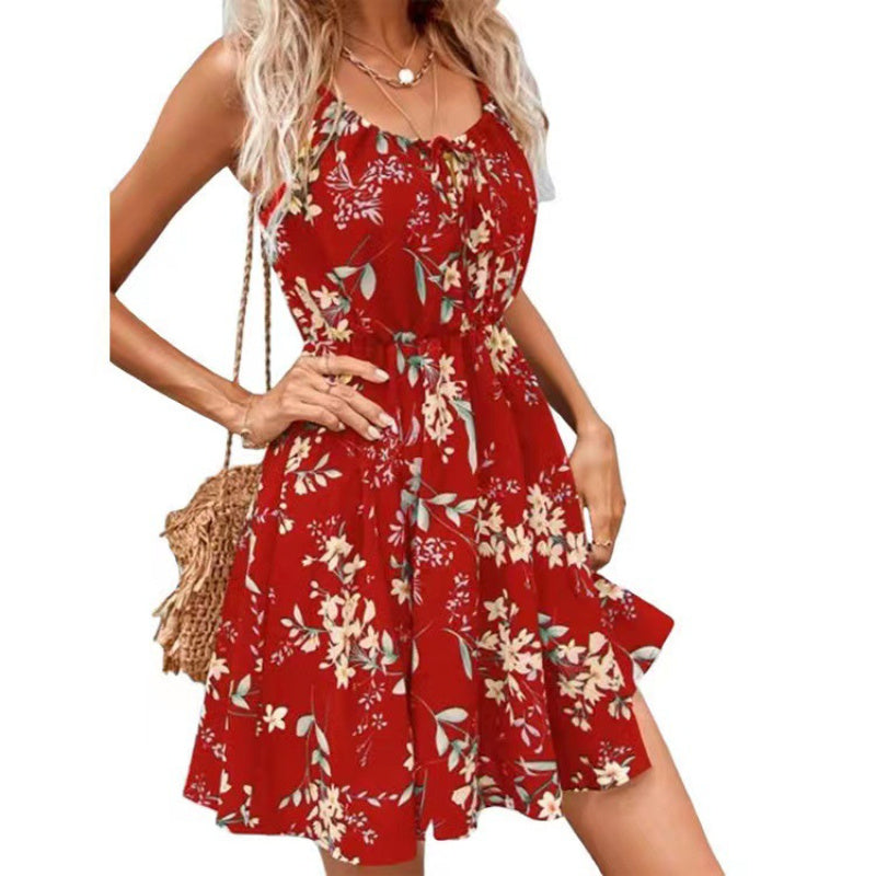 Elegant Sleeveless Dress With Printed Elastic Waist And Suspenders For Women