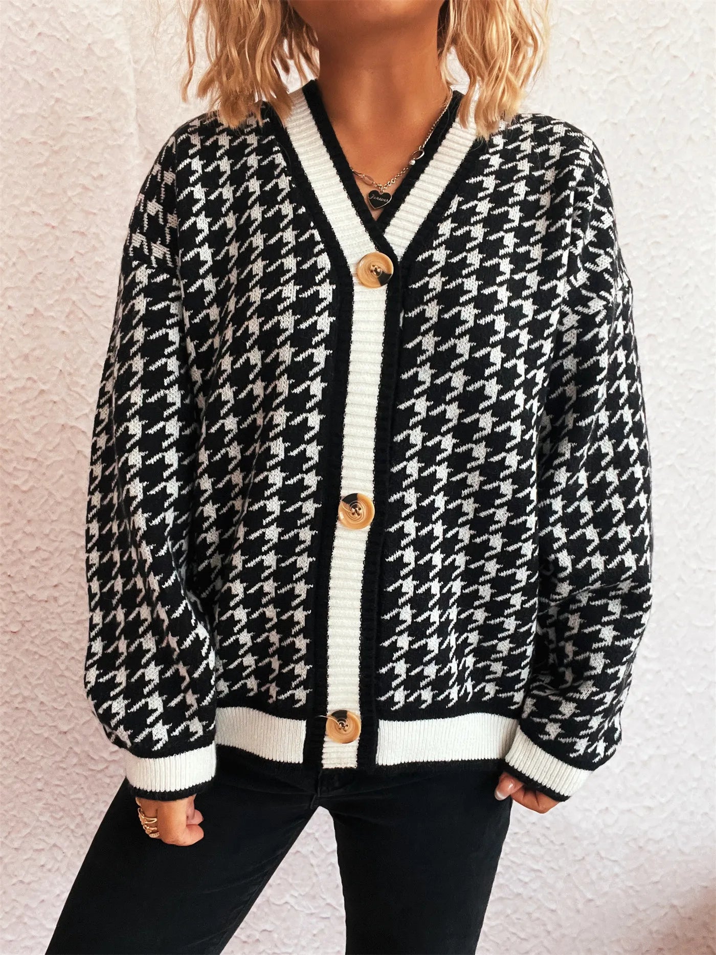 Stitching Plaid Knitted Women's Sweater