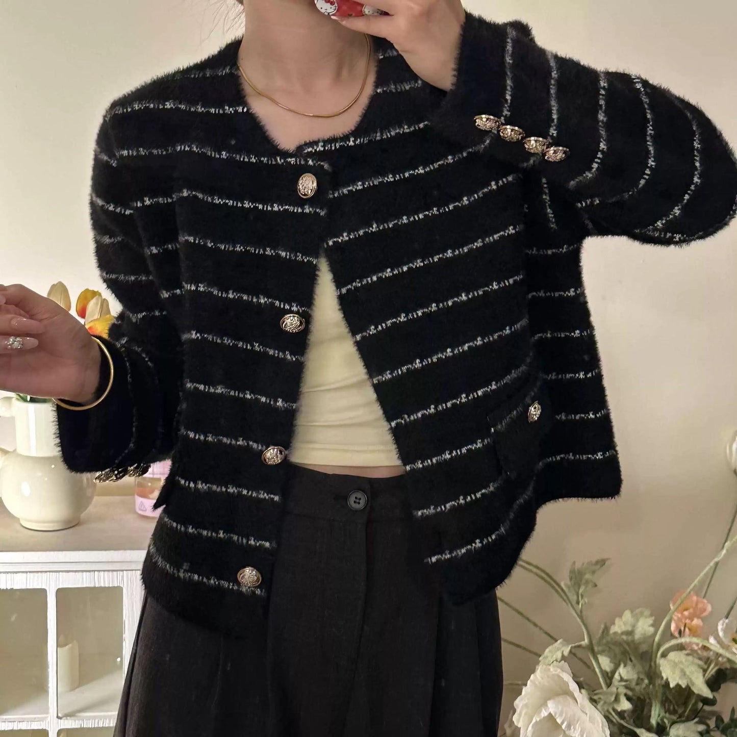 Striped Round Metal Button Faux Pocket Round Neck Sweater