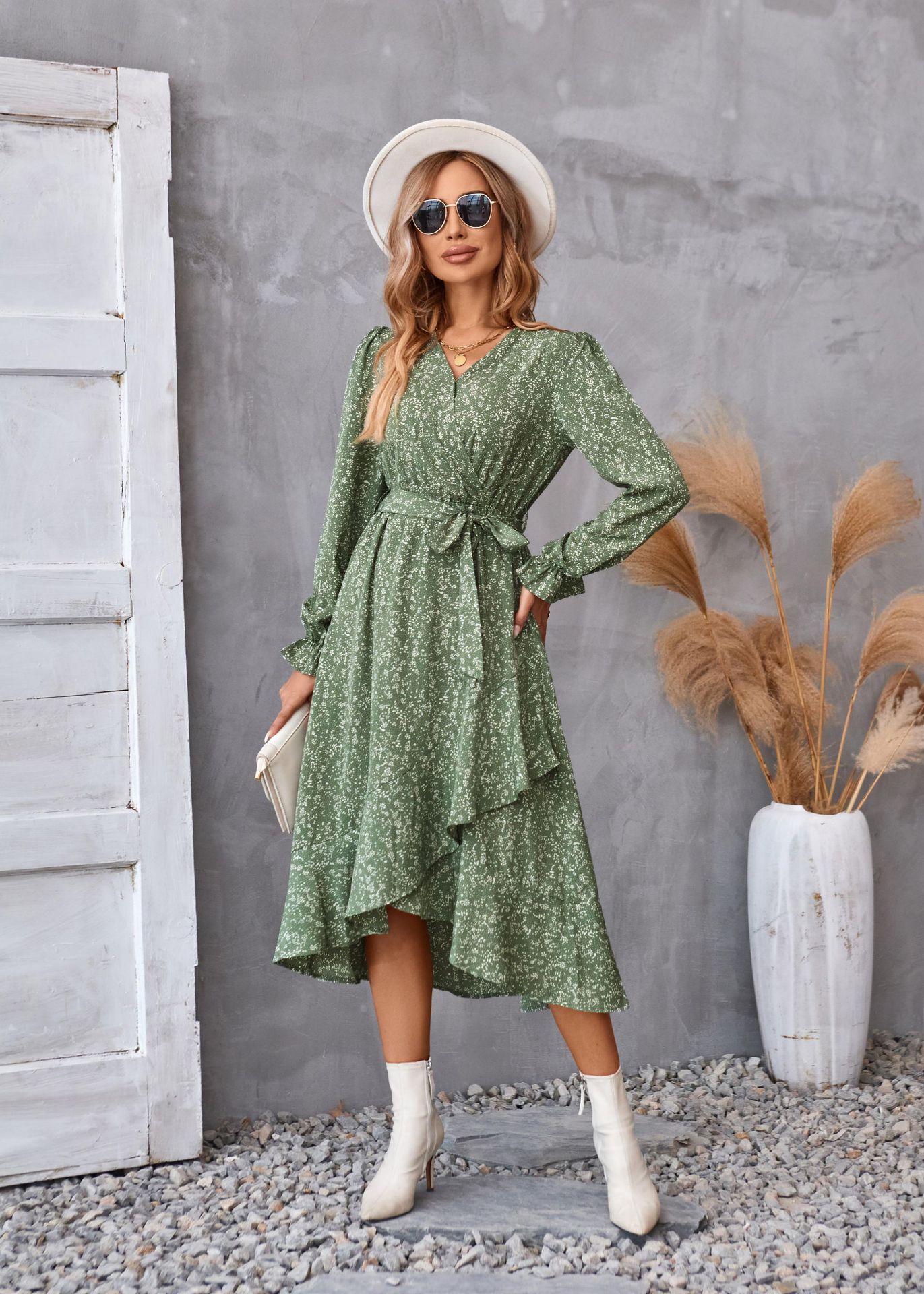 Flowers Print Long Sleeve Dress Fashion Ruffled Commuter Temperament Dresses Womens Clothing