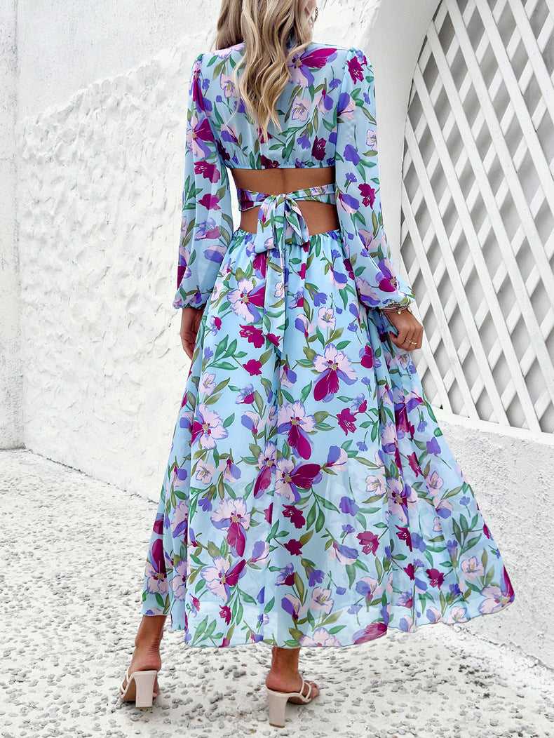 Fashion Florals Print Long Sleeve Dress Casual Holiday Tight-waisted V-neck Dresses Women Clothing